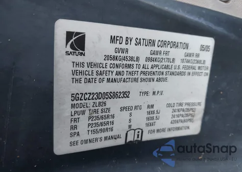 2005 Saturn Vue 4 Cyl from USA, damaged, VIN 5GZCZ23D05S862352